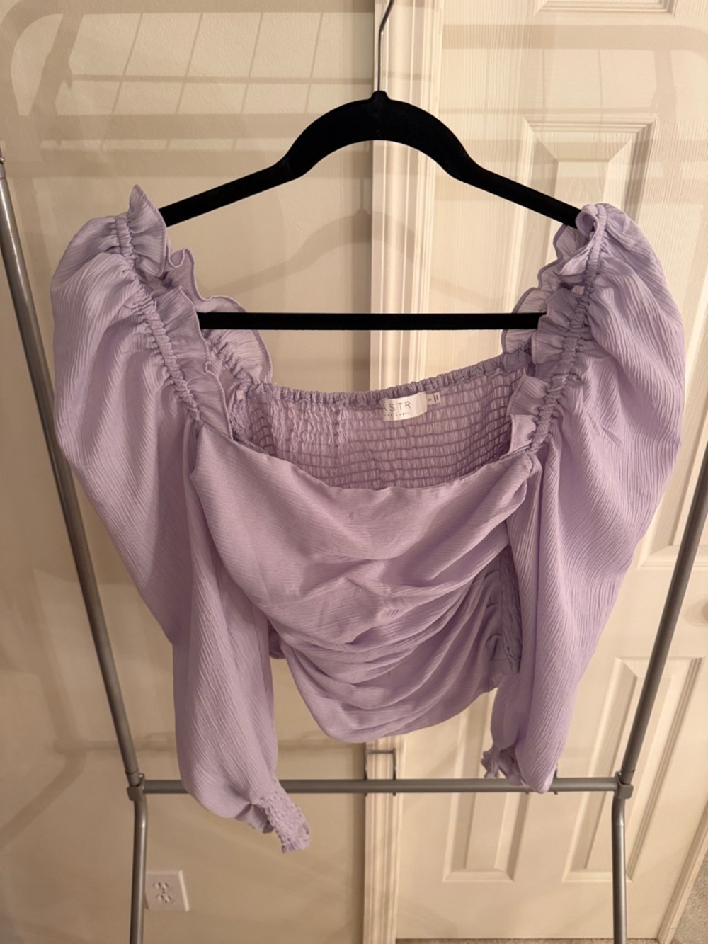 Astr Lilac Off-Shoulder Ruffled Ruched Blouse
